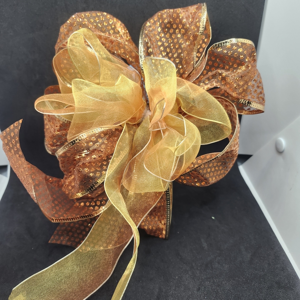 Hand Crafted Elegant Gold and Orange Decorative Bow Hair Barrette Clip